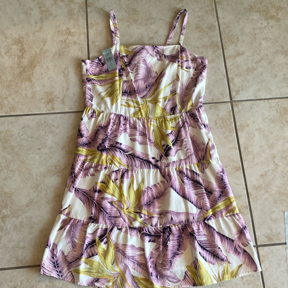 LOFT White Mini Dress with Pink and Yellow Leaf Print Tiered Skirt